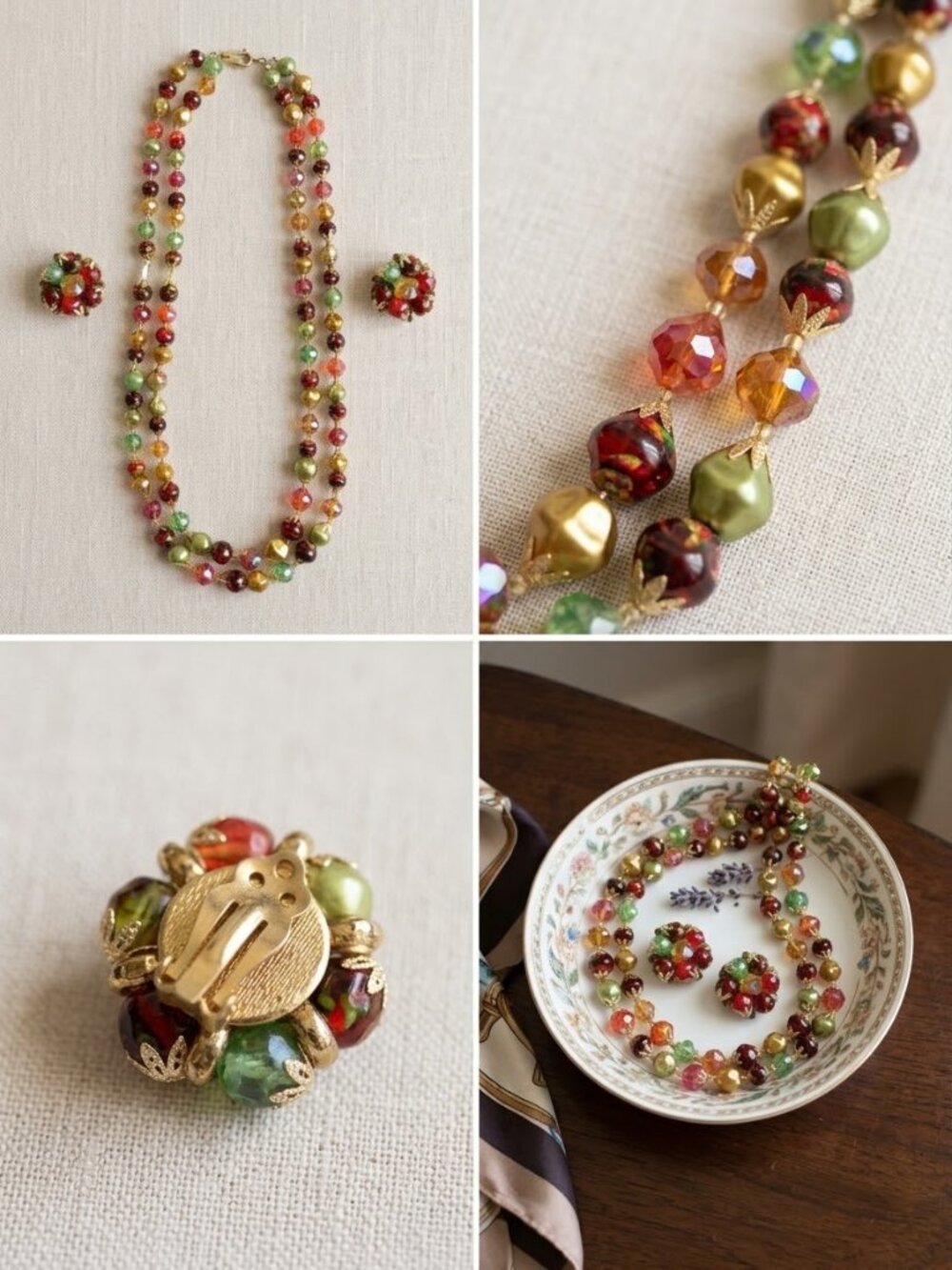 Vintage 1960s Colorful Glass Bead Necklace & Clip Earrings Set – Gold